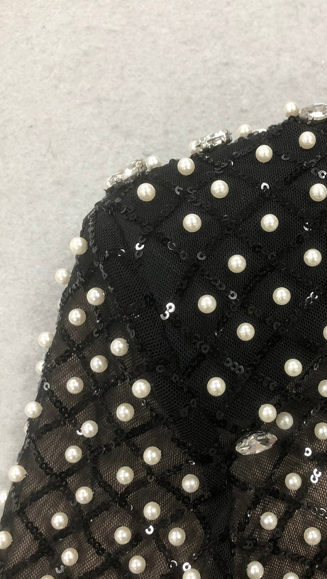 PEARL EMBELLISHED CUT OUT BOW MINI DRESS IN BLACK
