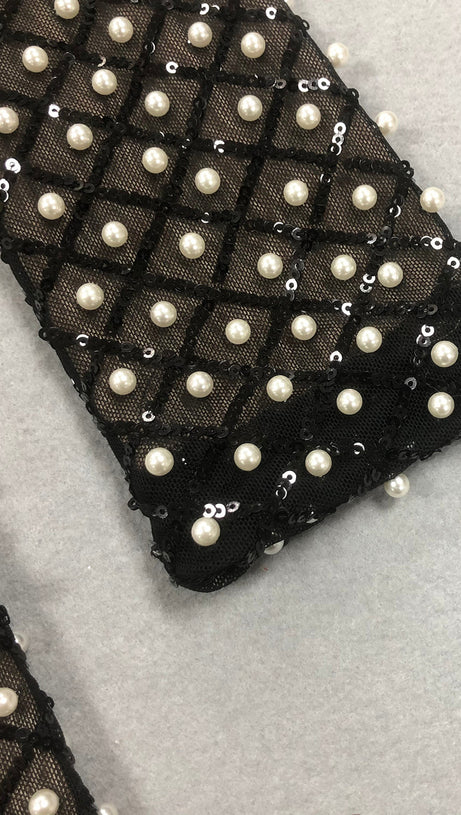 PEARL EMBELLISHED CUT OUT BOW MINI DRESS IN BLACK