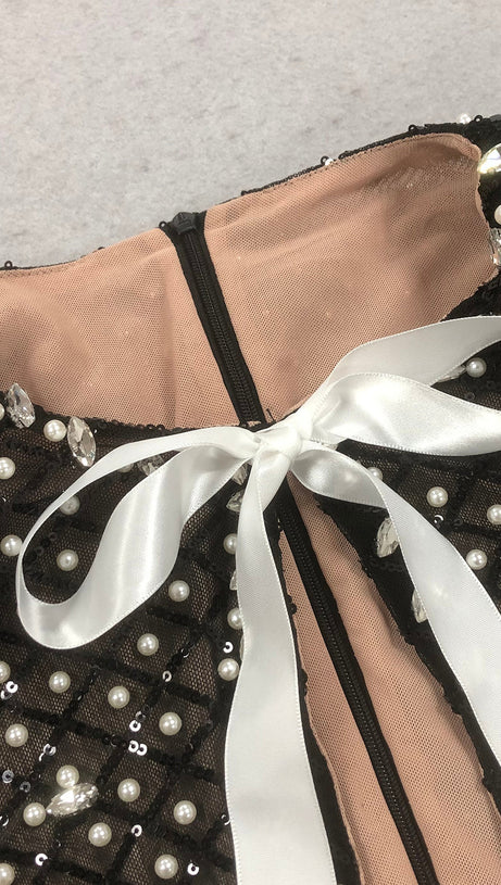 PEARL EMBELLISHED CUT OUT BOW MINI DRESS IN BLACK