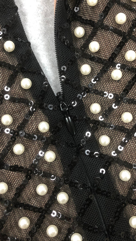 PEARL EMBELLISHED CUT OUT BOW MINI DRESS IN BLACK