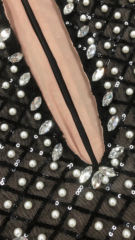 PEARL EMBELLISHED CUT OUT BOW MINI DRESS IN BLACK