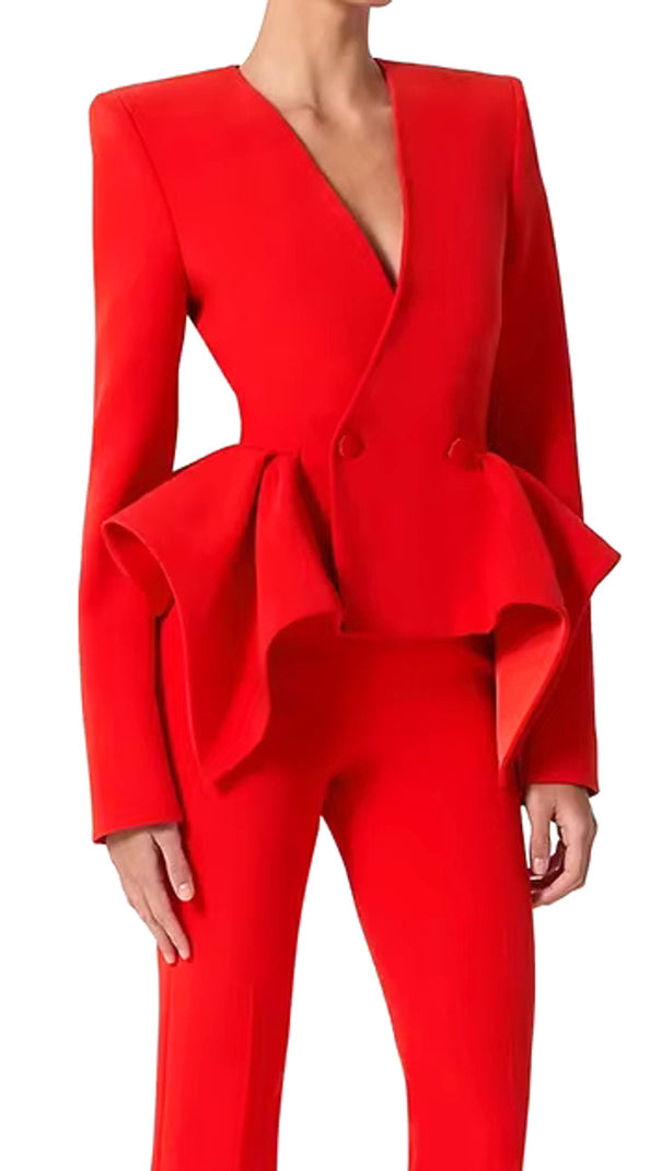 AIIZIE RAYA RUFFLED BLAZER PANTS SET IN RED - product image