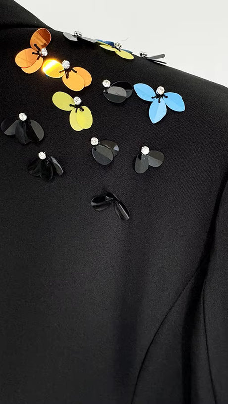 SEQUIN FLOWER SCRUNCHED BLACK BLAZER SET