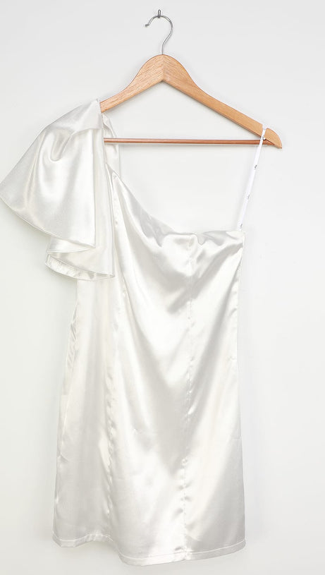 WHITE SATIN ONE-SHOULDER MINI DRESS
