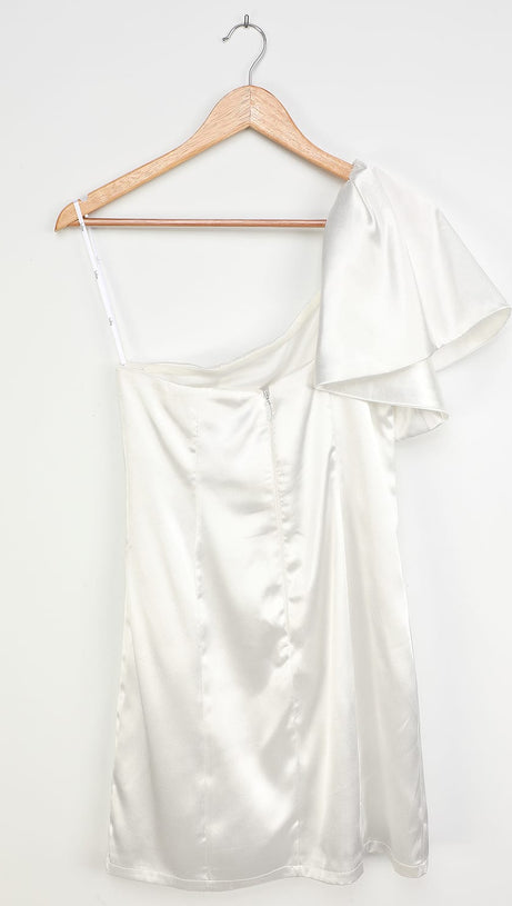 WHITE SATIN ONE-SHOULDER MINI DRESS