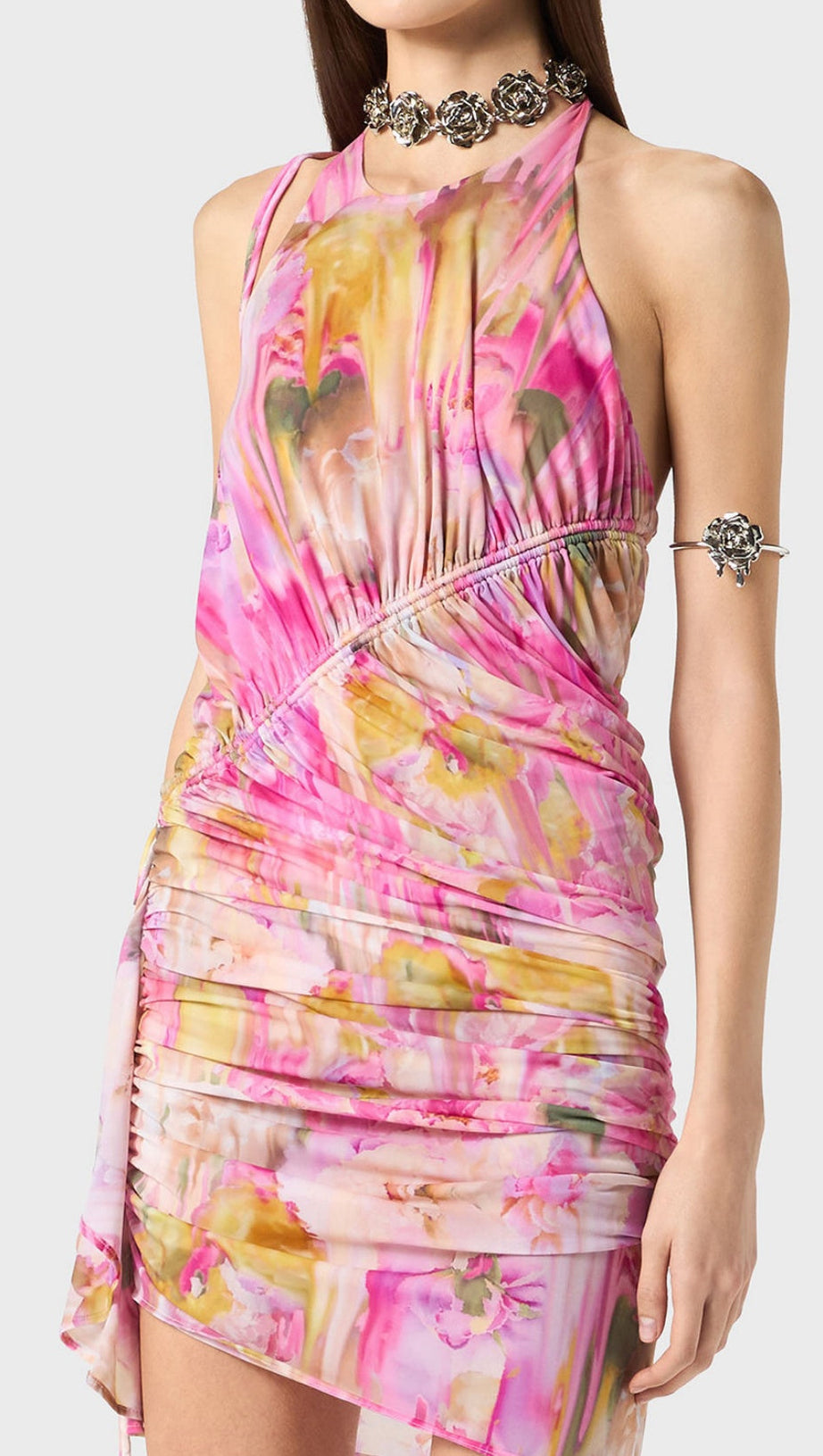 LUDEMA FLORAL PRINT HALTER RUCHED MINI DRESS