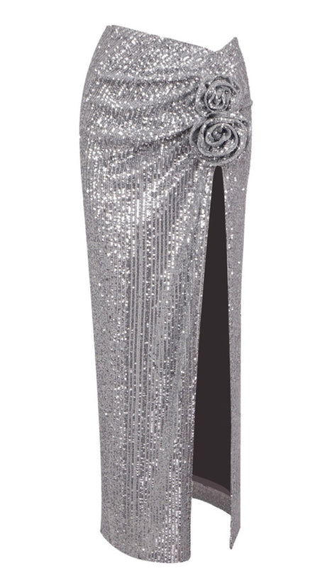 LYRIC SEQUIN FLORAL SLIT MAXI SKIRT