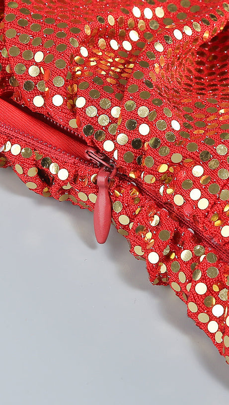 CUTOUT RUCHED SEQUIN SLIT DRESS