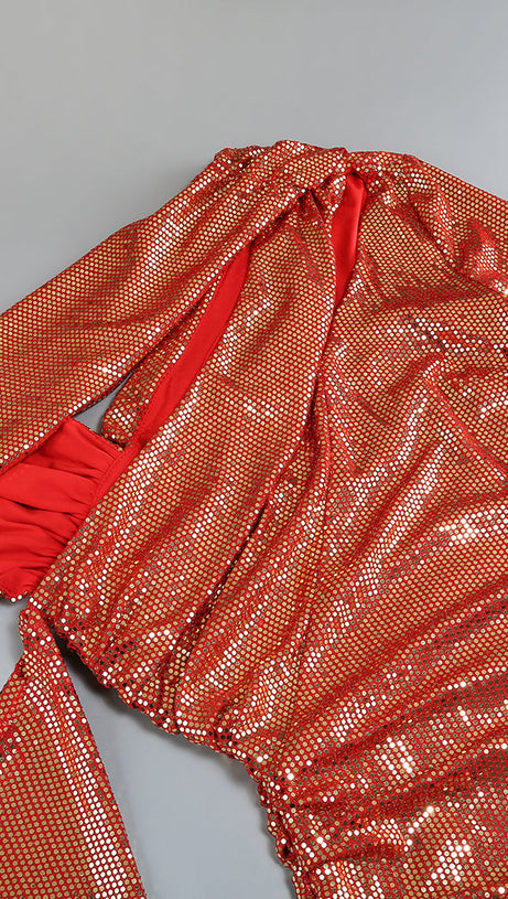 CUTOUT RUCHED SEQUIN SLIT DRESS