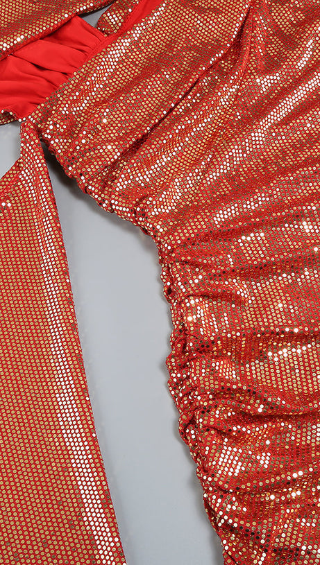 CUTOUT RUCHED SEQUIN SLIT DRESS