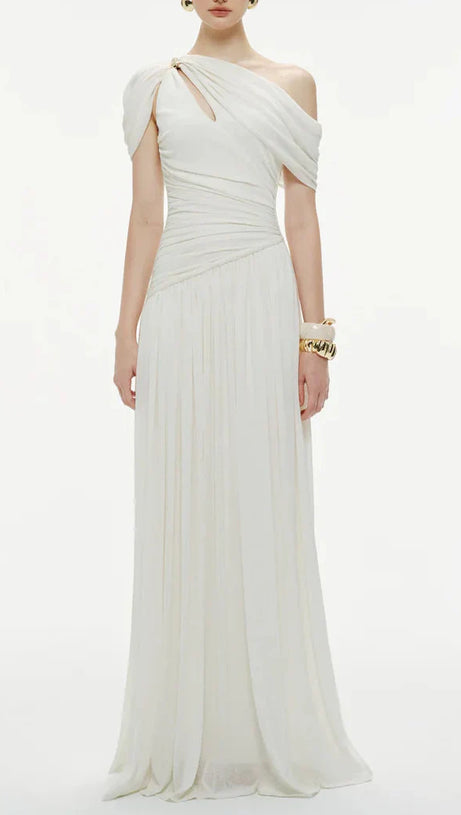 eleanore one-shoulder cutout pleated maxi dress - white