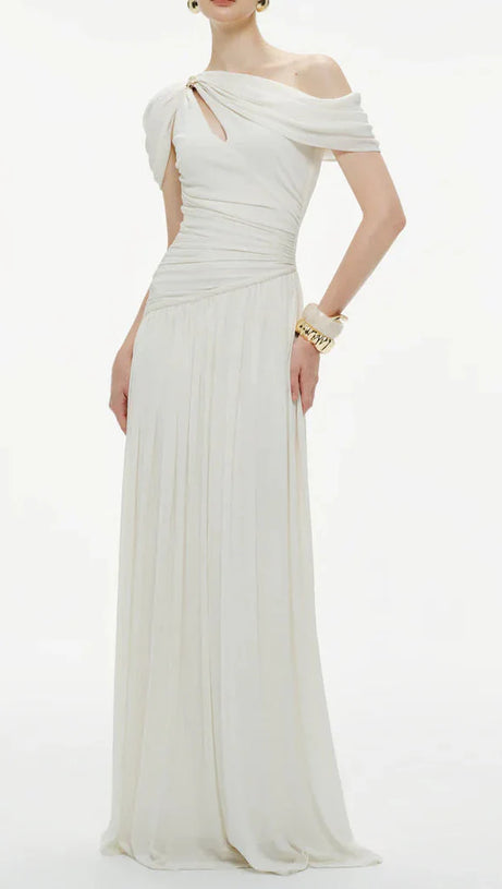eleanore one-shoulder cutout pleated maxi dress - white