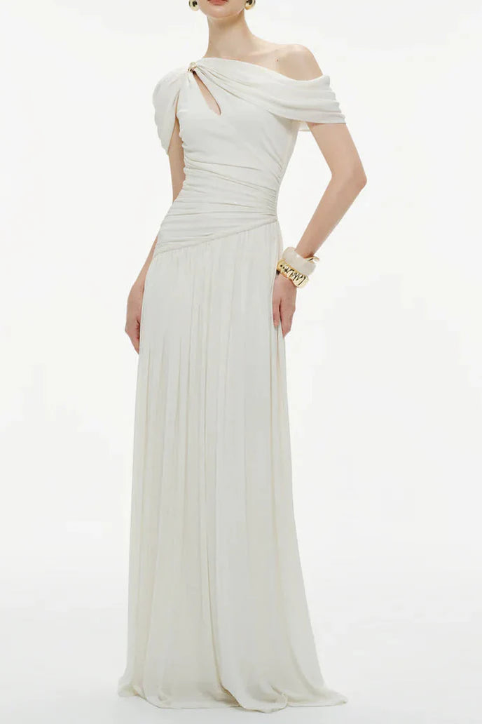 eleanore one-shoulder cutout pleated maxi dress - white