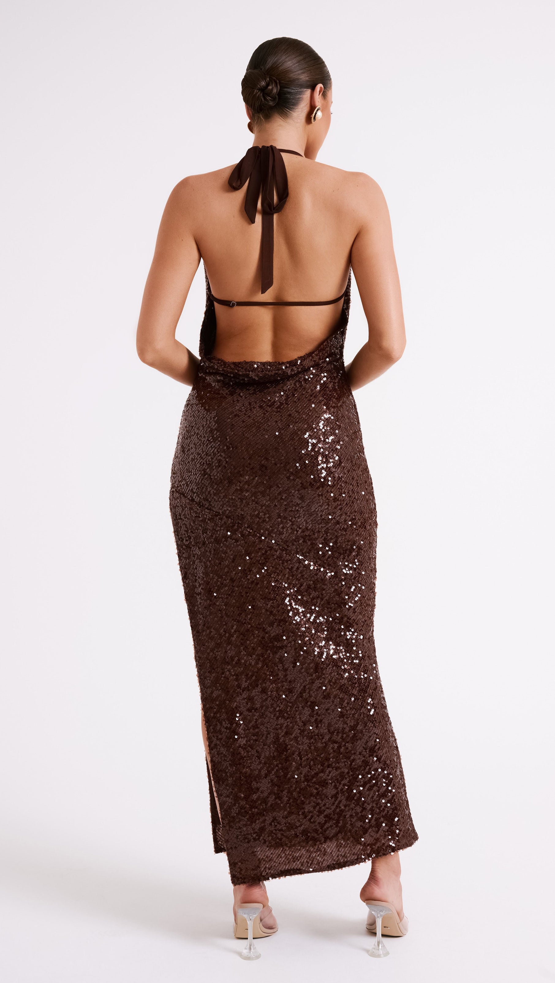 AIIZIE BLAKELY HALTER SEQUIN MAXI DRESS - DARK CHOCOLATE - product image