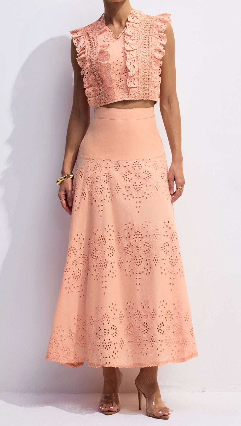 Bonnie – Set aus Crop-Top und Rock mit V-Ausschnitt und Stickerei in Orange