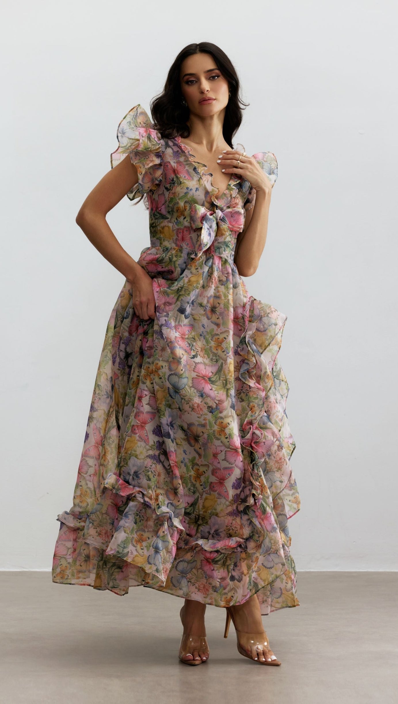 Butterfly Print Ruffle Chiffon Maxi Dress