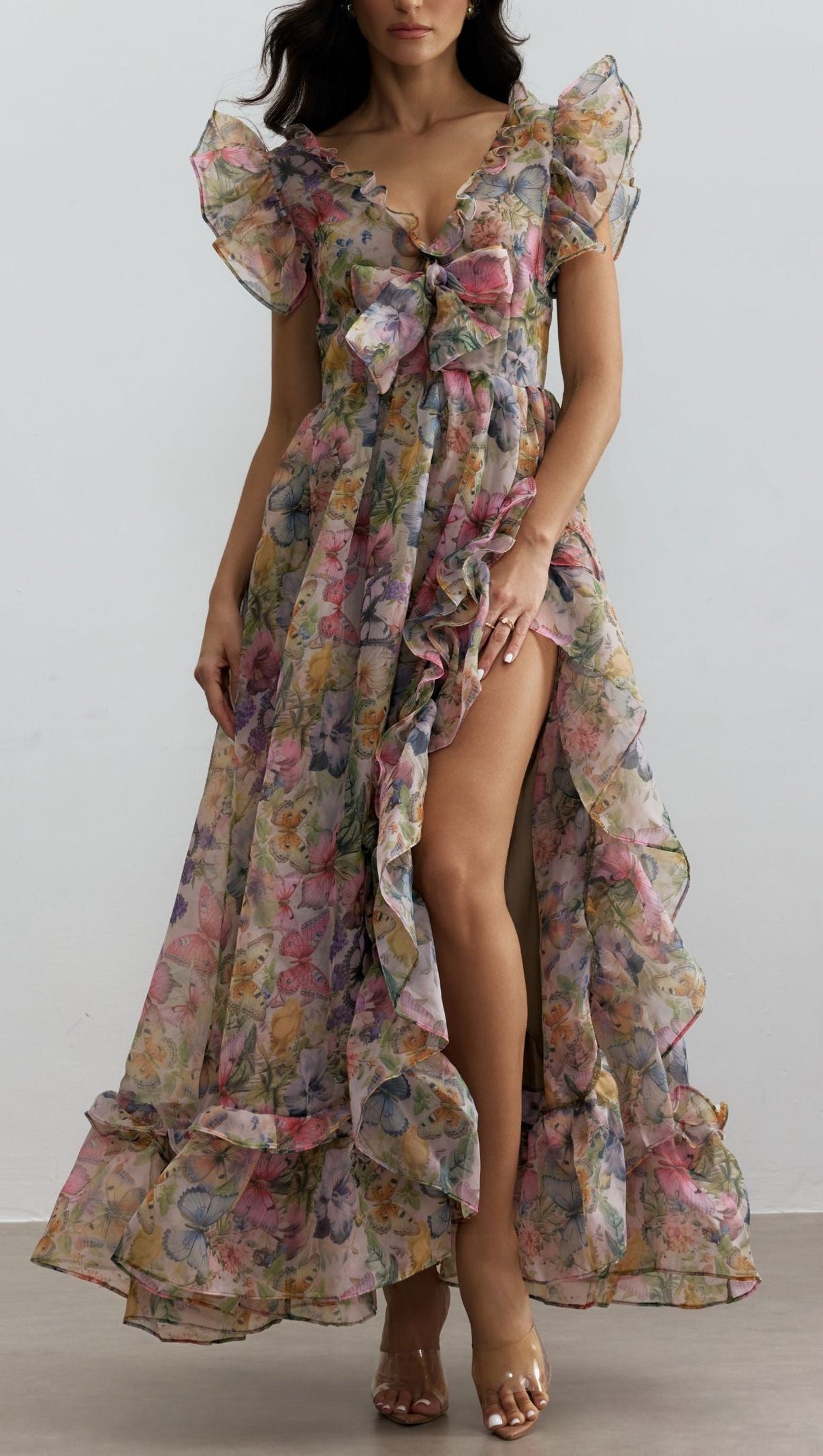 Butterfly Print Ruffle Chiffon Maxi Dress