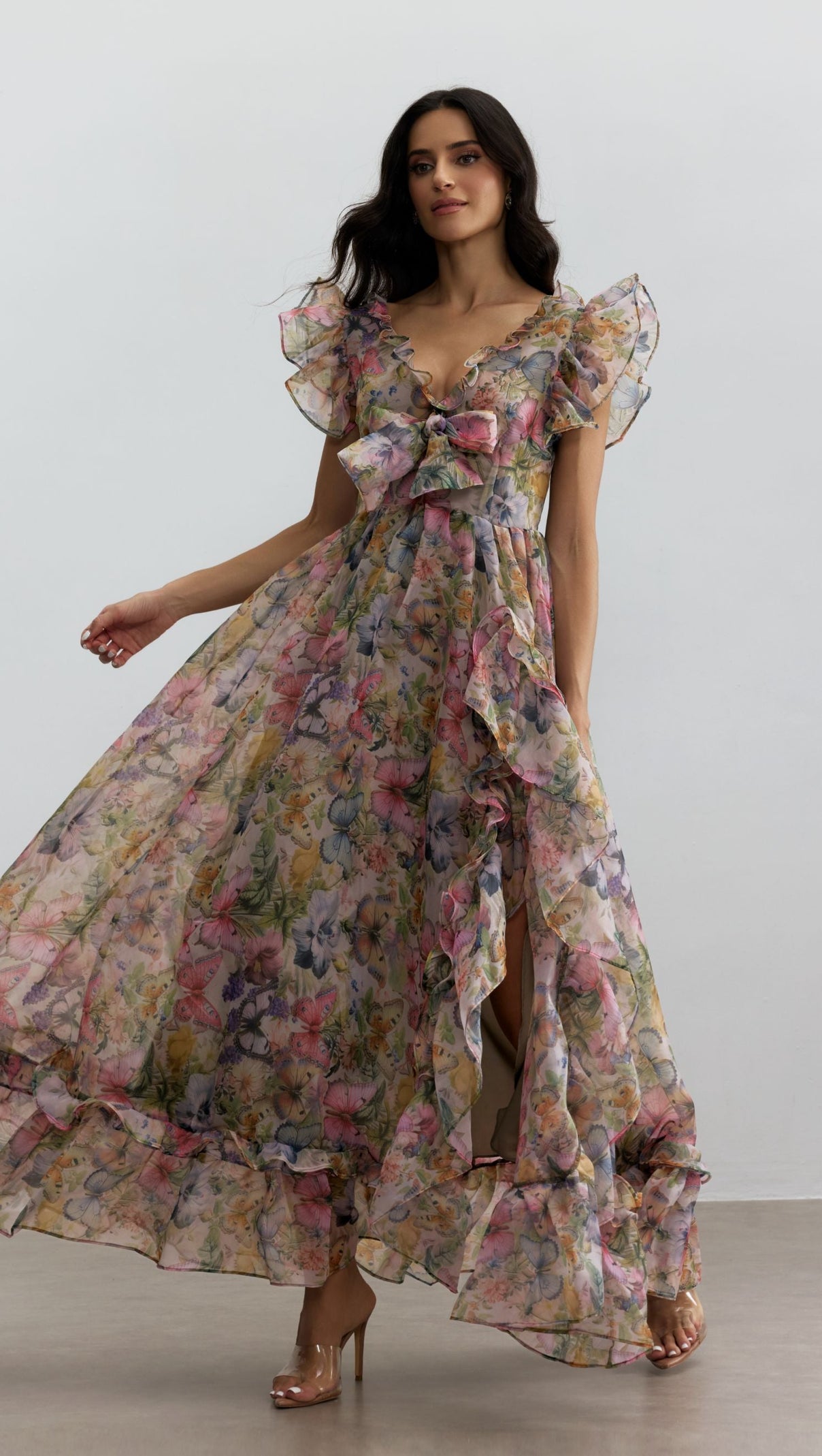 Butterfly Print Ruffle Chiffon Maxi Dress