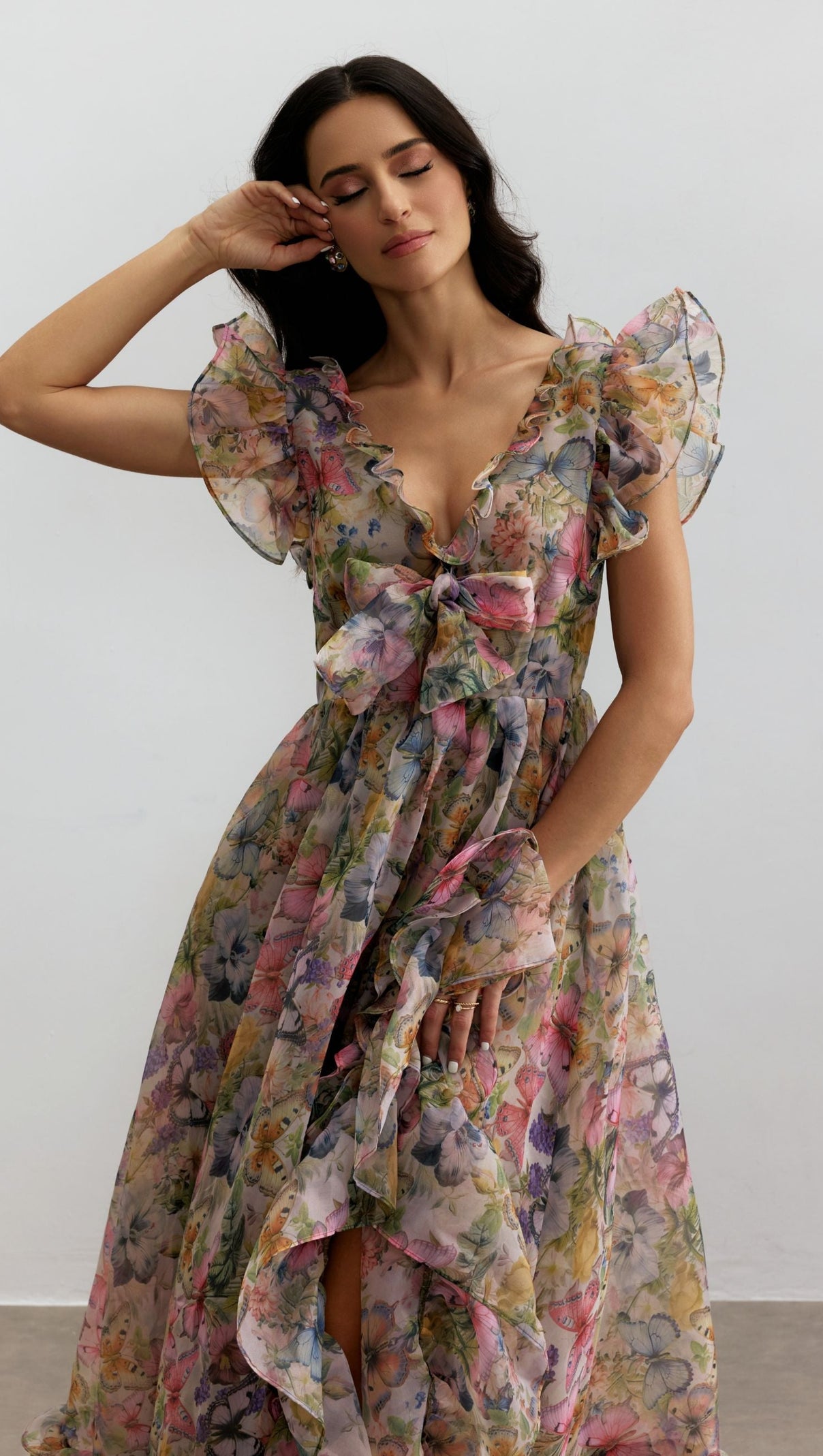 Butterfly Print Ruffle Chiffon Maxi Dress