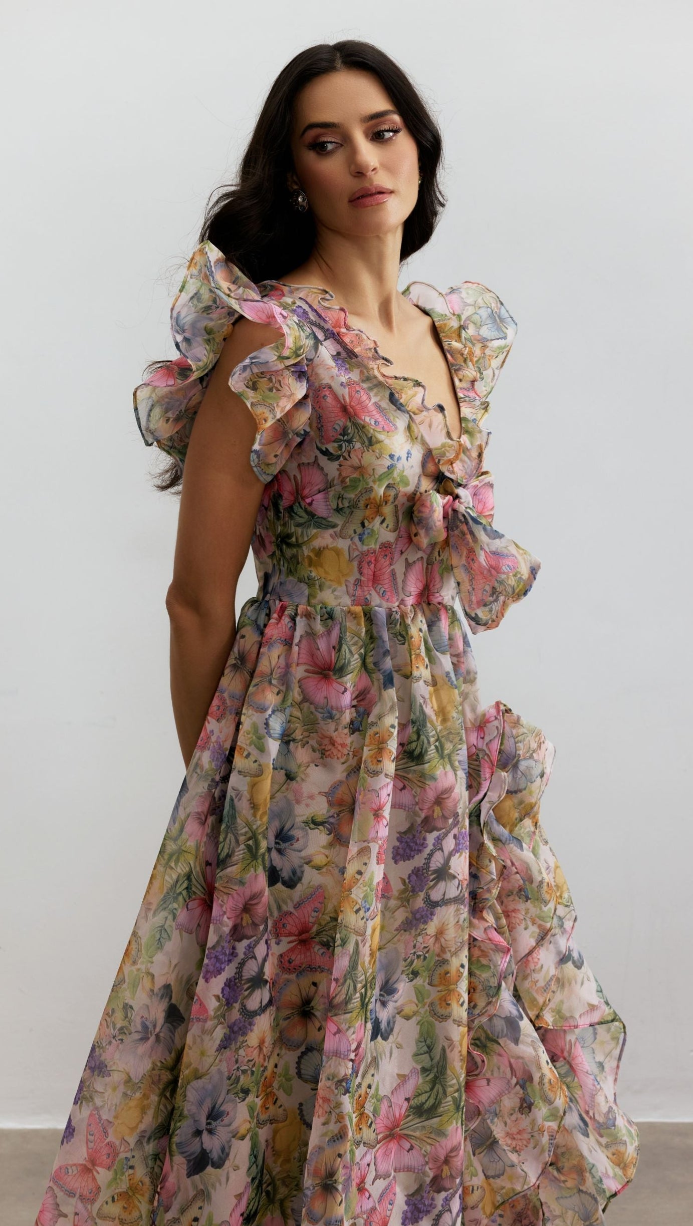 Butterfly Print Ruffle Chiffon Maxi Dress