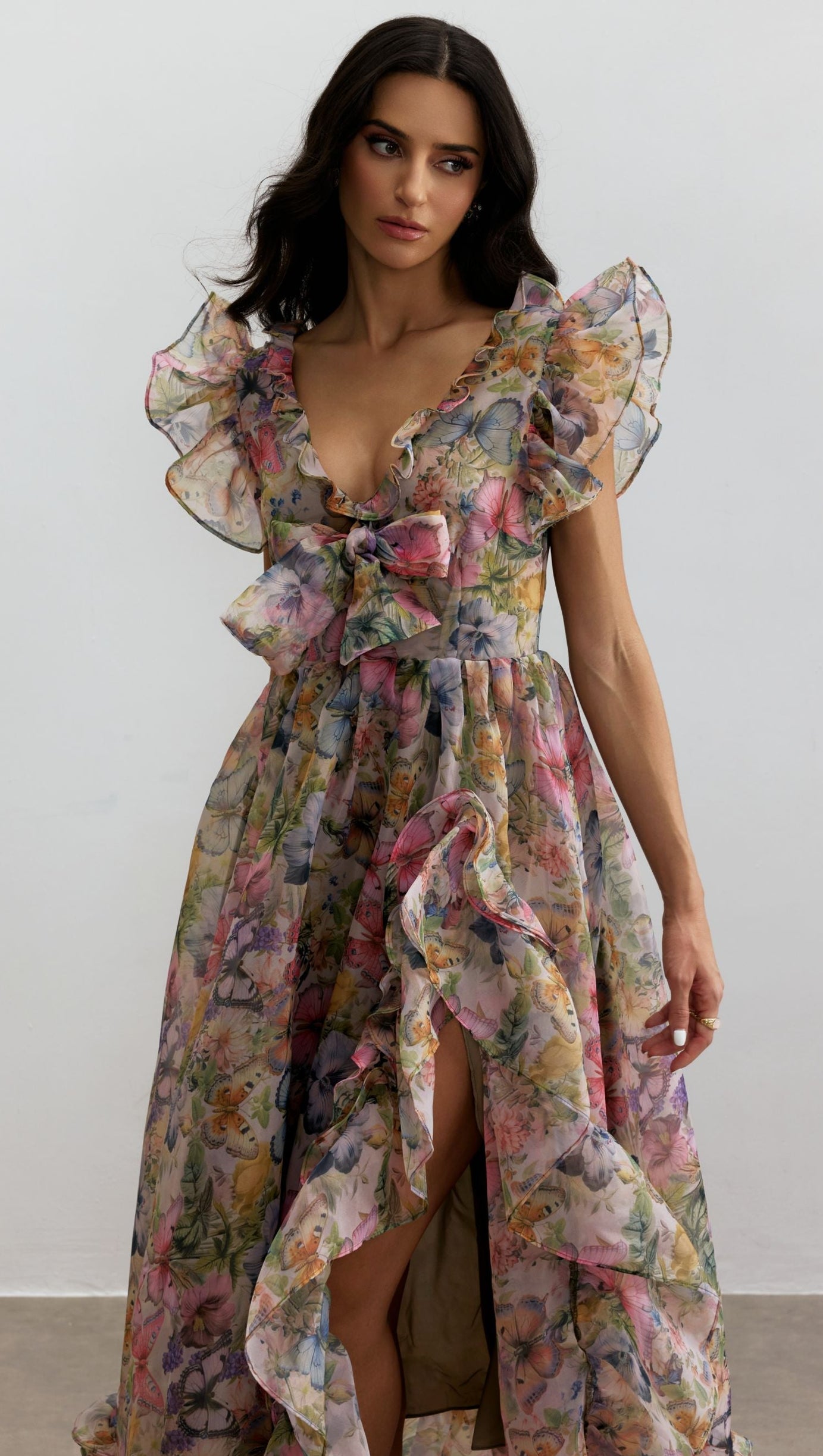 Butterfly Print Ruffle Chiffon Maxi Dress