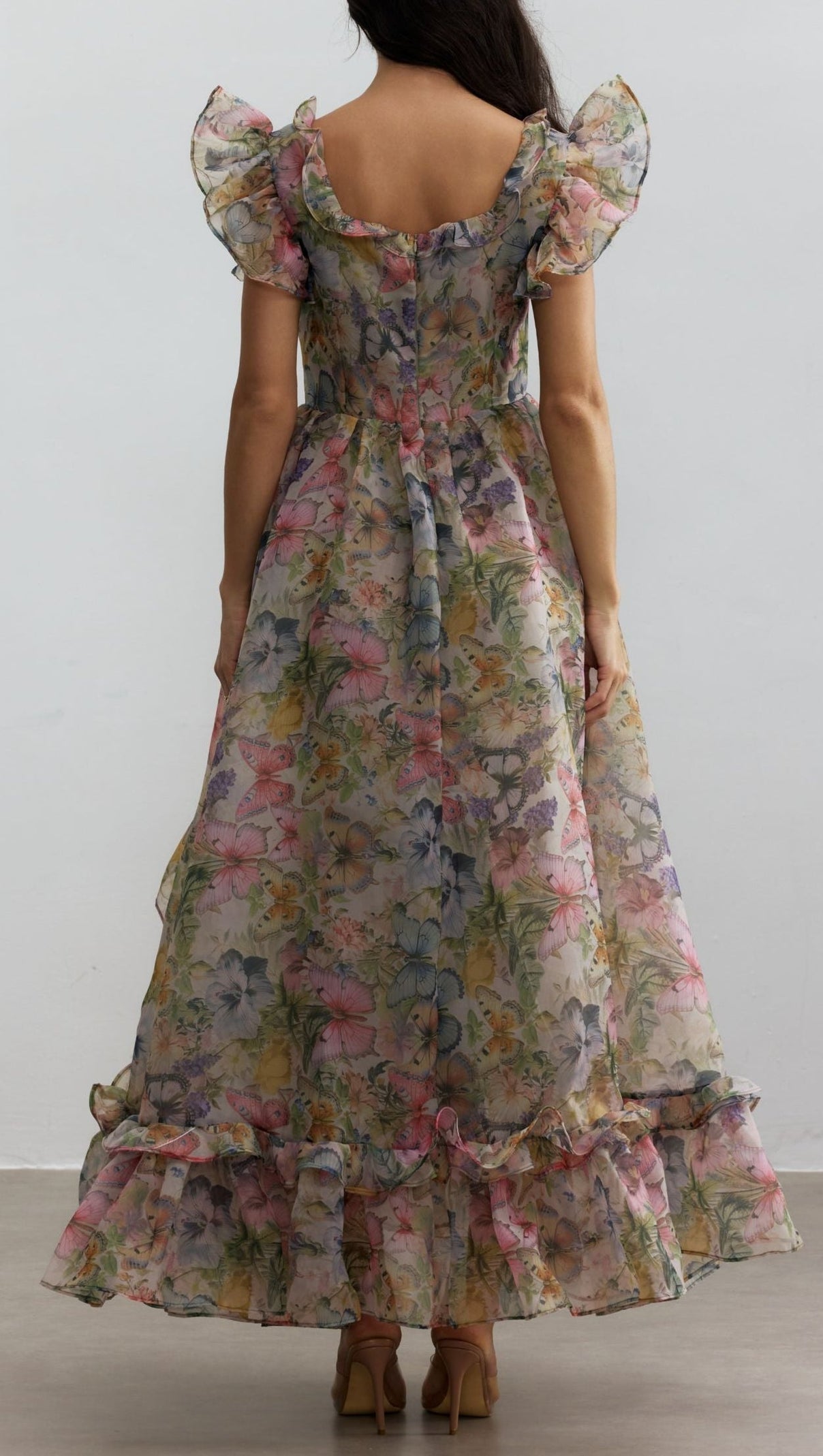 Butterfly Print Ruffle Chiffon Maxi Dress