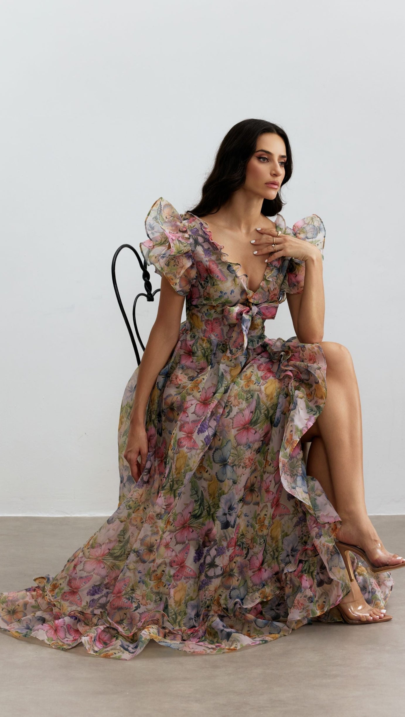 Butterfly Print Ruffle Chiffon Maxi Dress