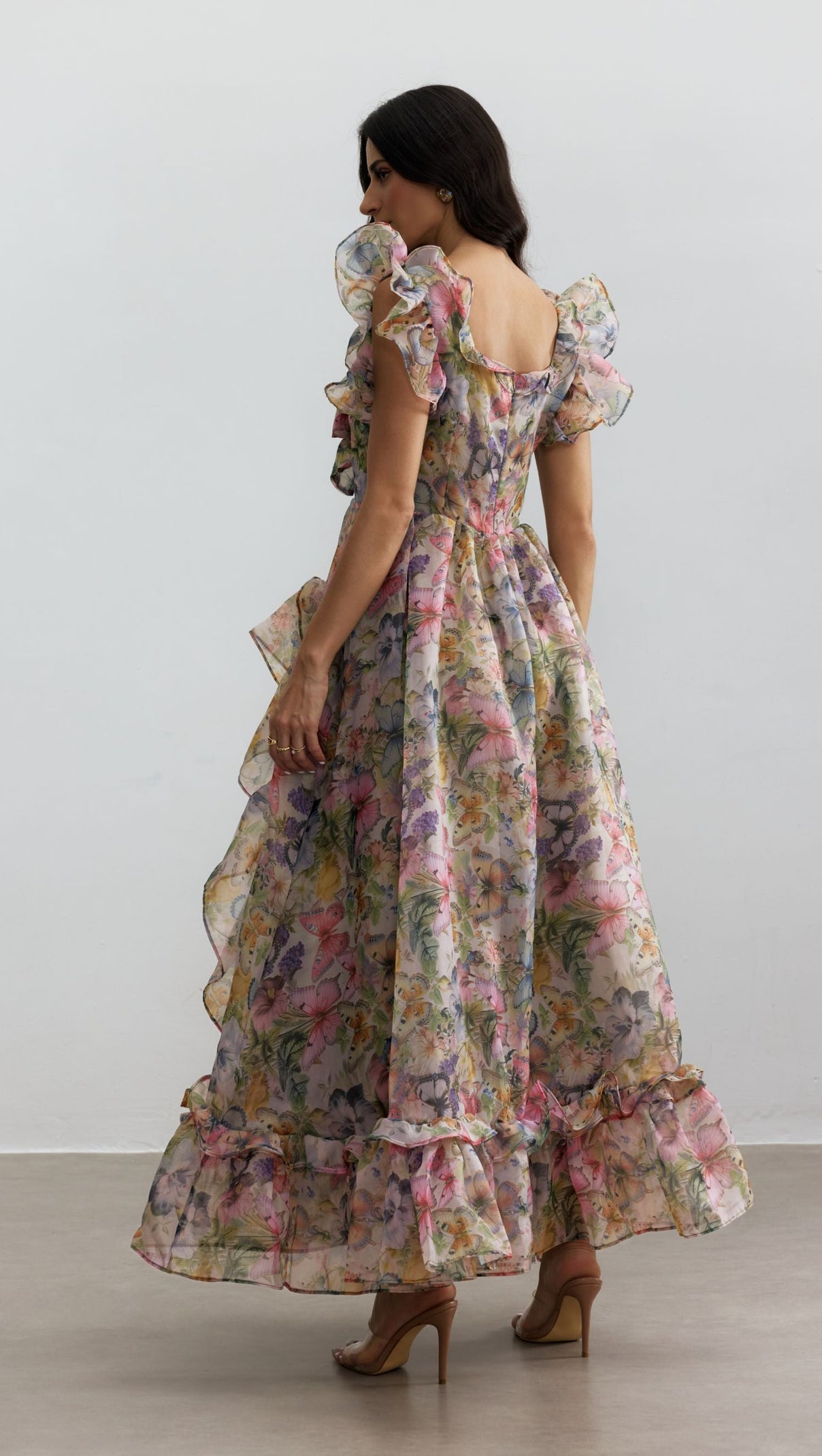 Butterfly Print Ruffle Chiffon Maxi Dress