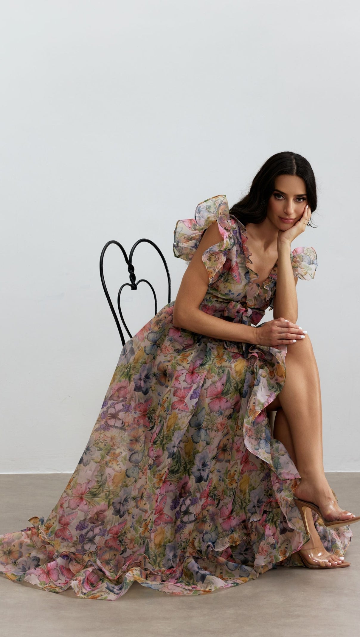 Butterfly Print Ruffle Chiffon Maxi Dress