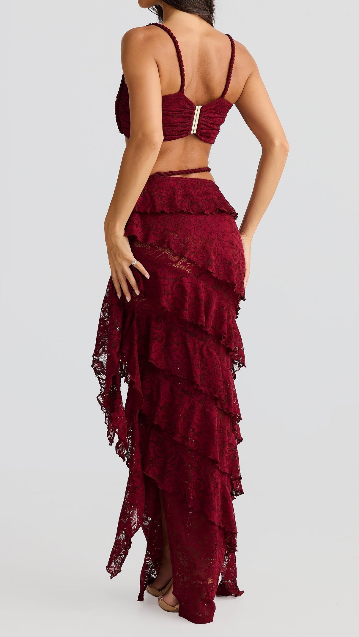 CRAFTED ROPE CROP TOP  LACE SKIRT SET IN BURGUNDY