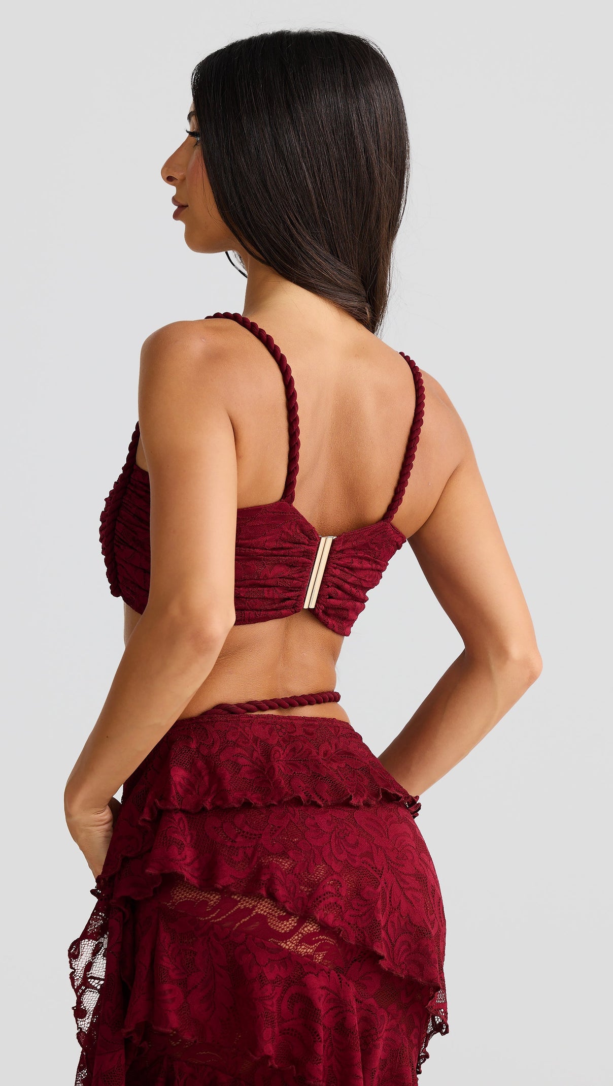 CRAFTED ROPE CROP TOP  LACE SKIRT SET IN BURGUNDY