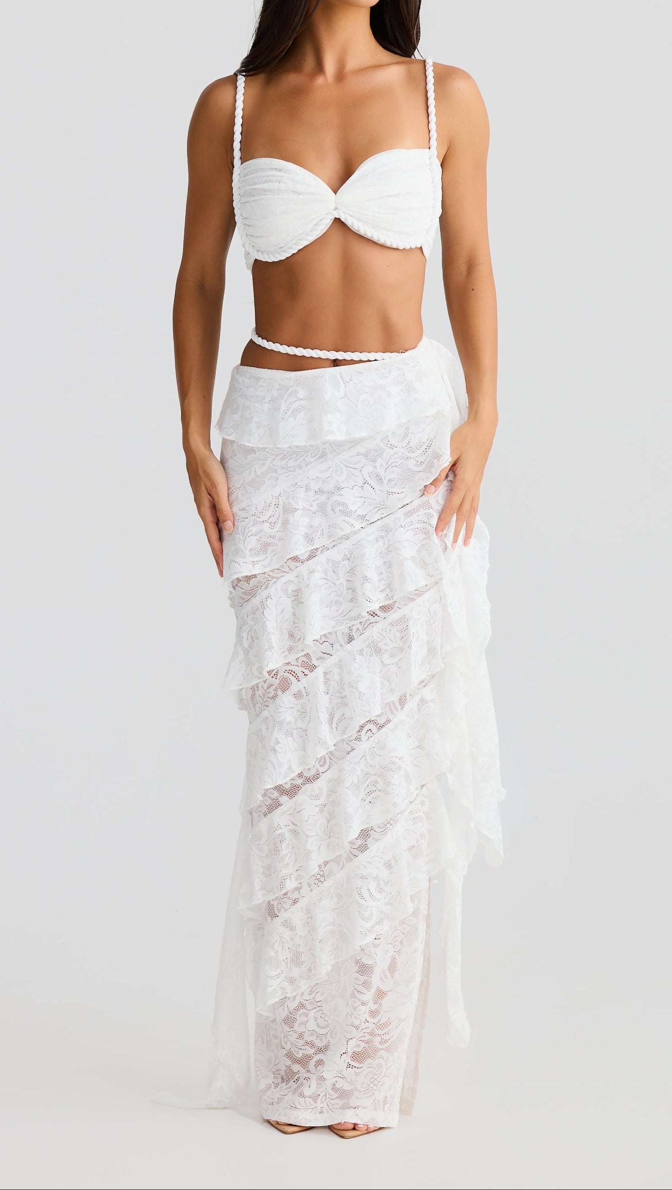CRAFTED ROPE CROP TOP  LACE SKIRT SET IN WHITE