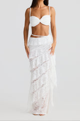 crafted rope crop top  lace skirt set in white