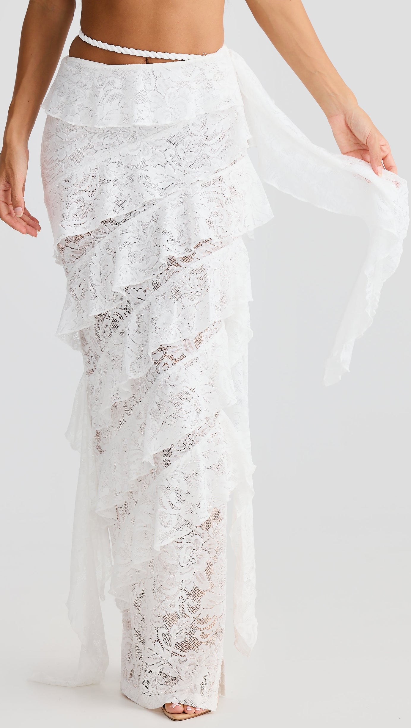 CRAFTED ROPE CROP TOP  LACE SKIRT SET IN WHITE