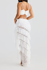 crafted rope crop top  lace skirt set in white