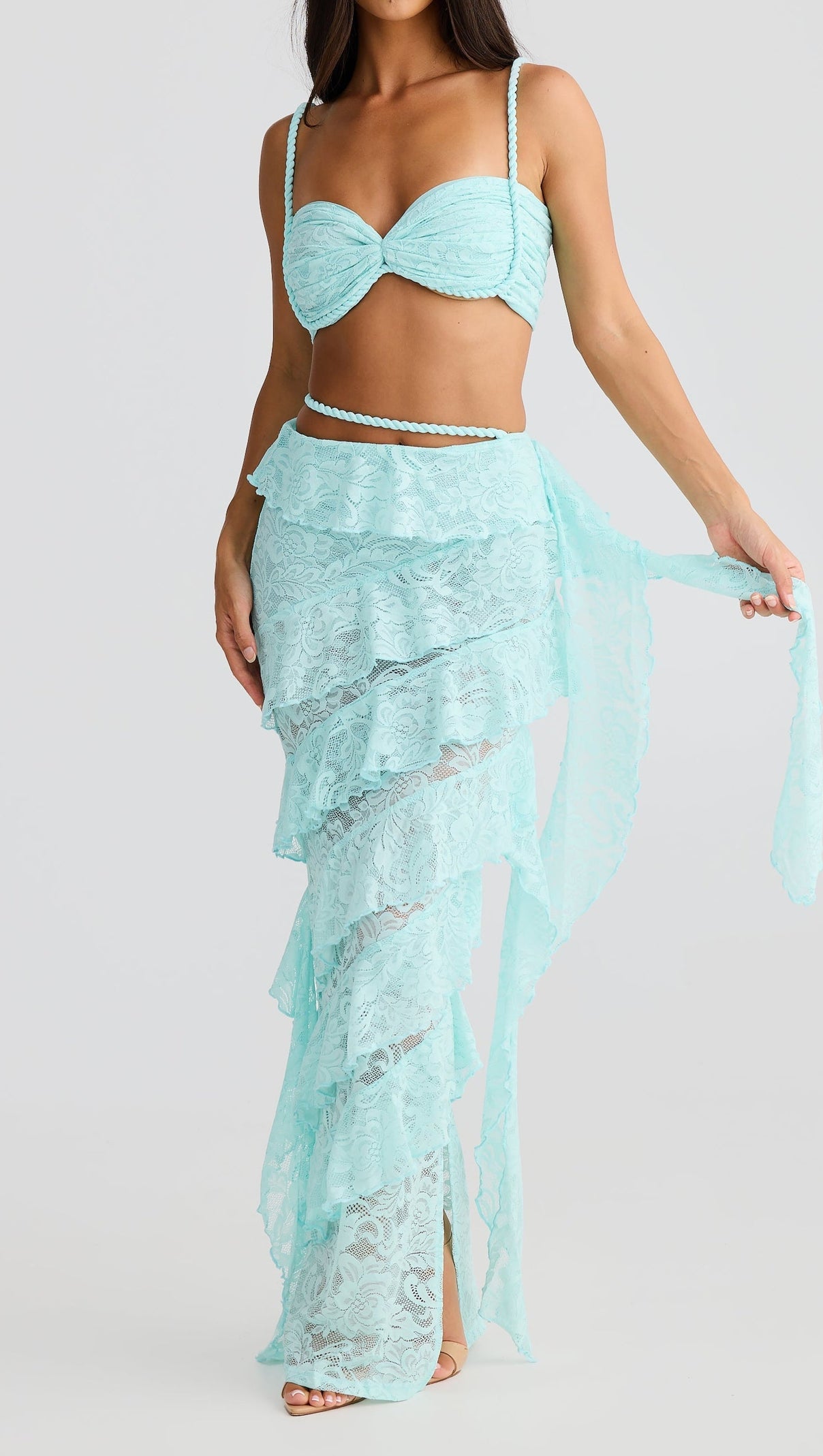 AIIZIE CRAFTED ROPE CROP TOP LACE SKIRT SET IN PALE BLUE - product image