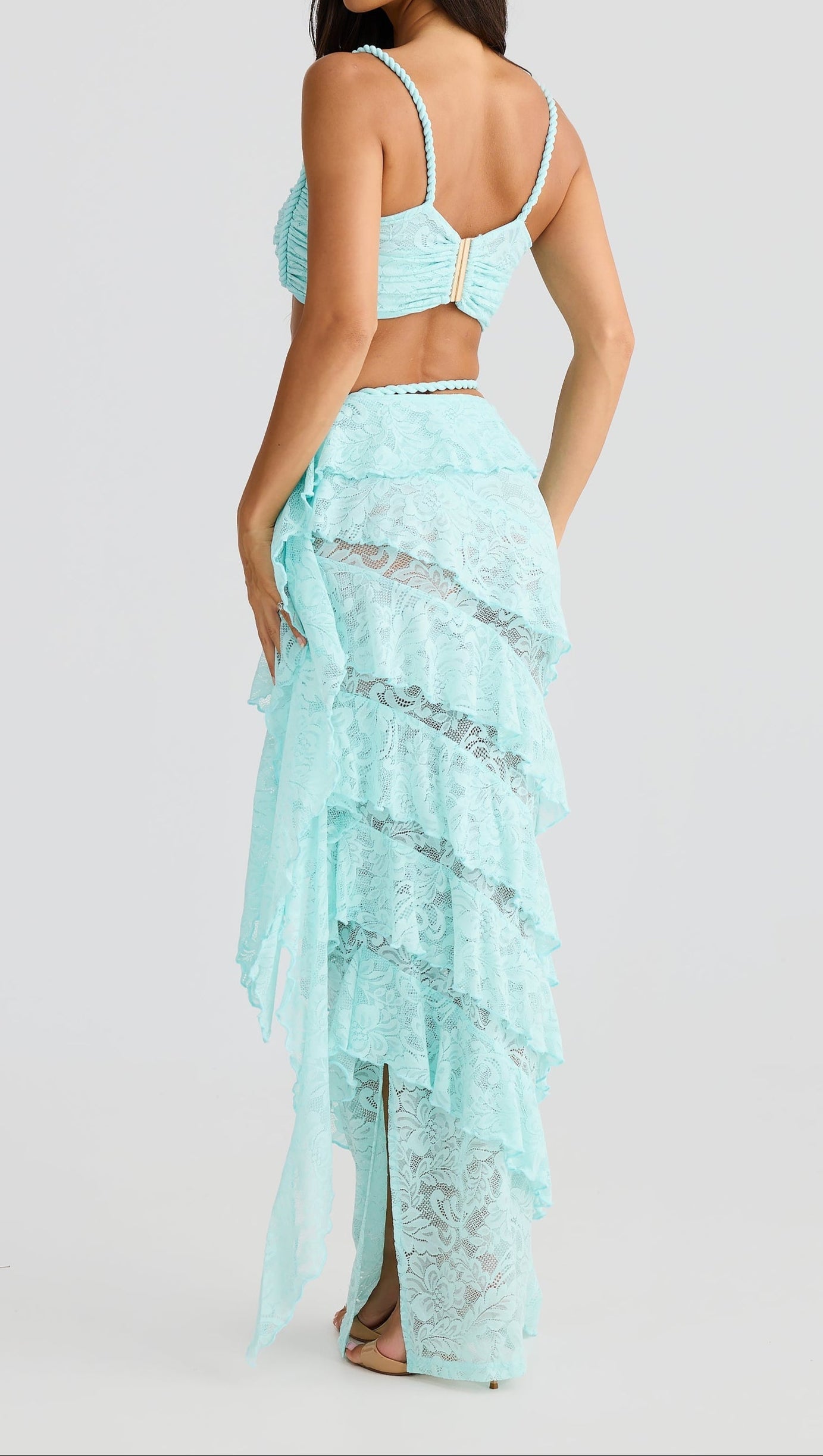CRAFTED ROPE CROP TOP  LACE SKIRT SET IN PALE BLUE