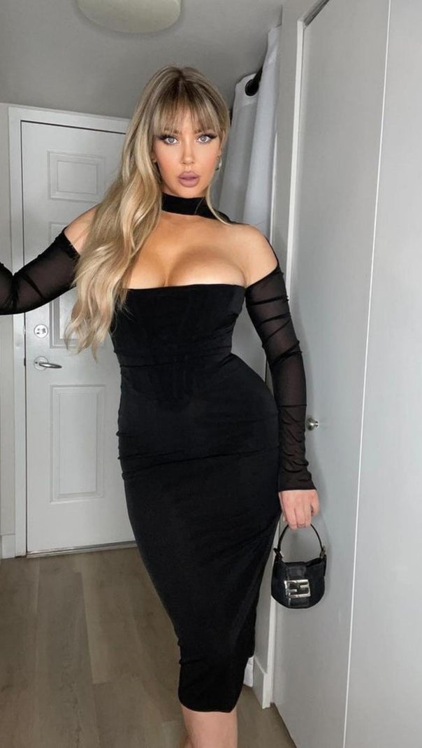 ABITO MIDI CON CORSETTO IN RETE BIANCO