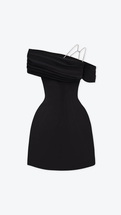 ELLEN ASYMMETRIC NECK TAFFETA MINI DRESS IN BLACK