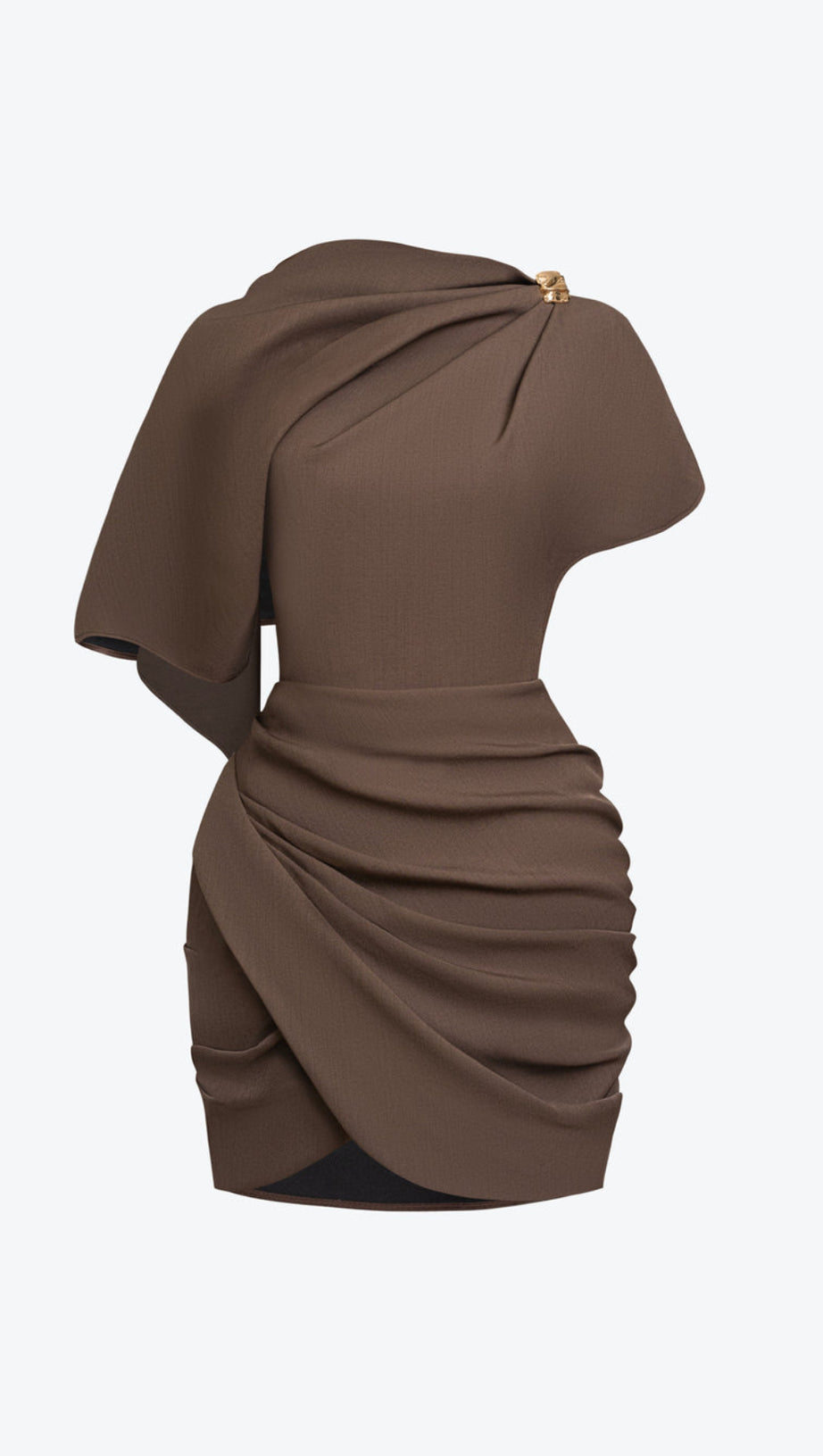 AGATHA ASYMMETRIC SLEEVE DRAPED MINI DRESS IN BROWN AIIZIE AGATHA ASYMMETRIC SLEEVE DRAPED MINI DRESS IN BROWN AIIZIE