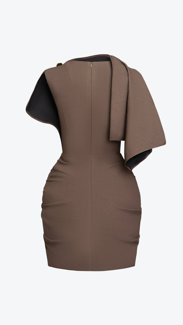 AIIZIE AGATHA ASYMMETRIC SLEEVE DRAPED MINI DRESS IN BROWN - product image