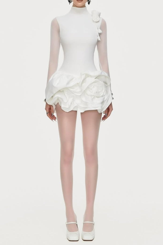 AIIZIE 3D FLOWER HEM MESH MINI DRESS IN WHITE - product image