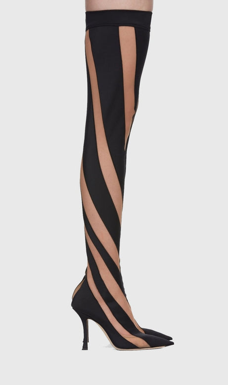 Maeve Stripe Mesh Sock  Thigh-high Boots - Black