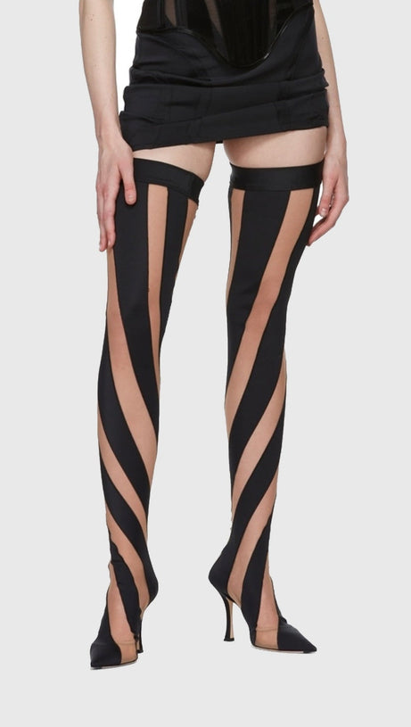 Overknee-Stiefel „Maeve“ aus gestreiftem Netzstoff - Schwarz