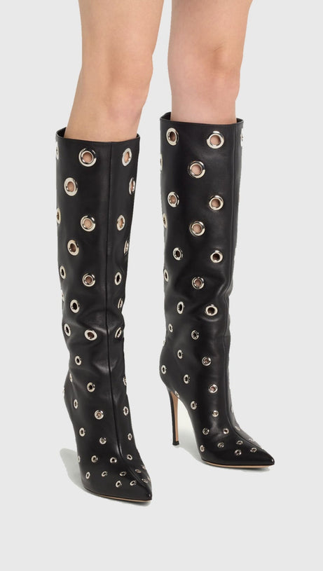 Clara Kniehohe Lederstiefel mit Nietenausschnitt