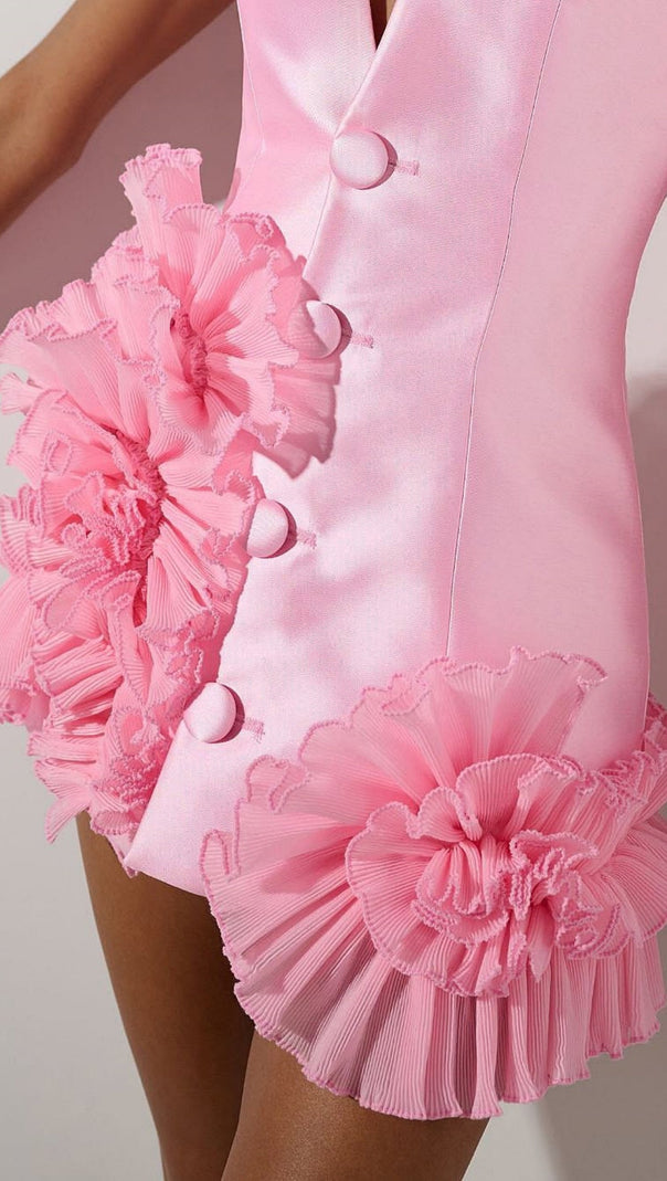 MAGEZI SATIN FLORAL HALTER MINI DRESS