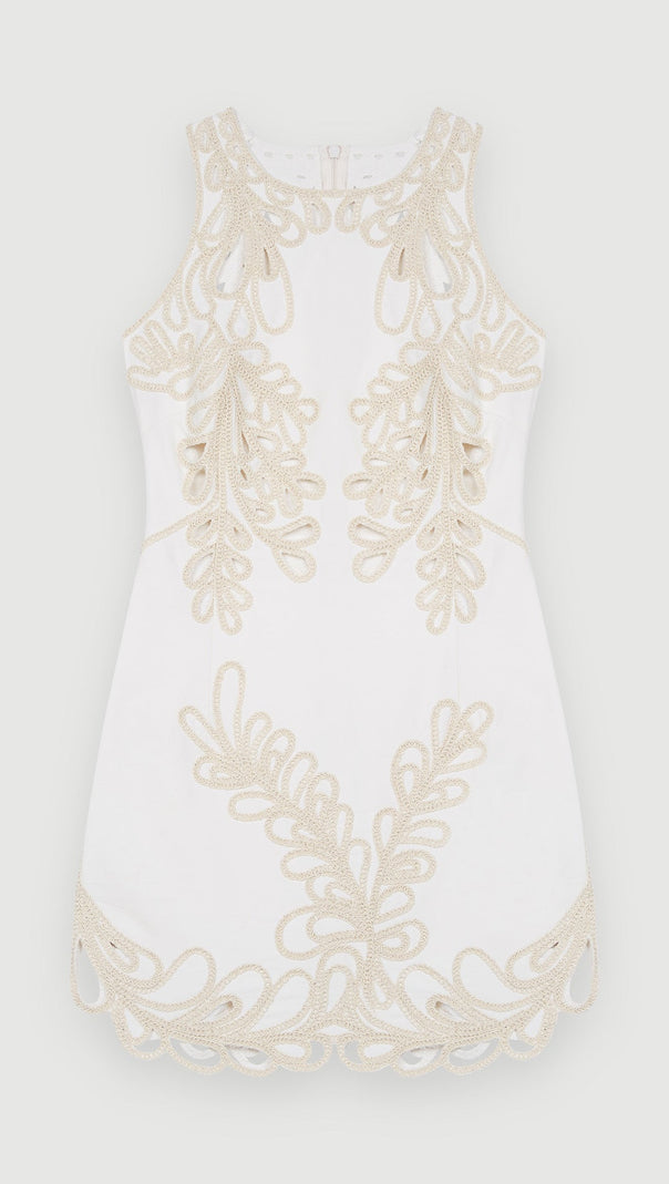 Embroidered Phoenix Tail Hollow Flower Sleeveless Short Dress - white
