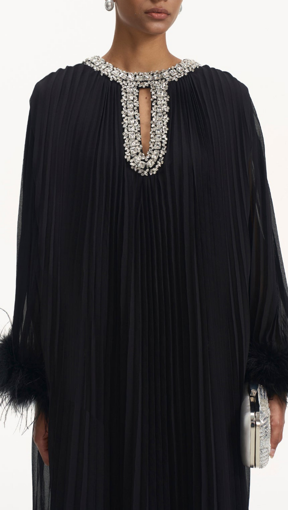 MANJA DIAMANTE CHIFFON FEATHER MAXI DRESS - BLACK