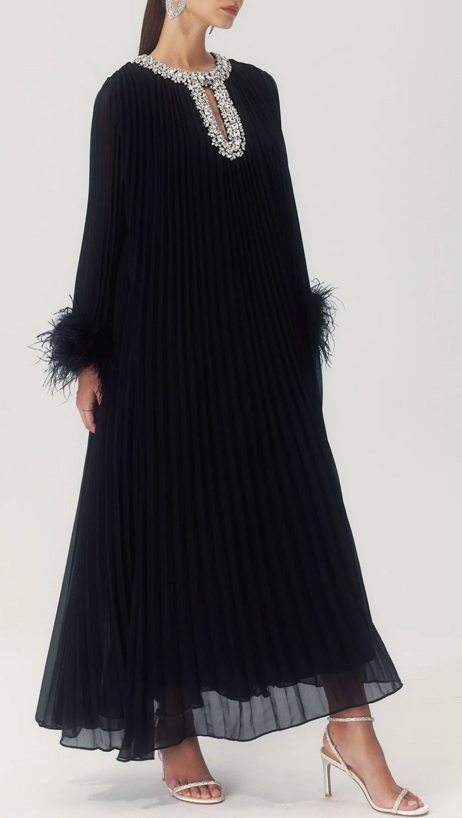 MANJA DIAMANTE CHIFFON FEATHER MAXI DRESS - BLACK