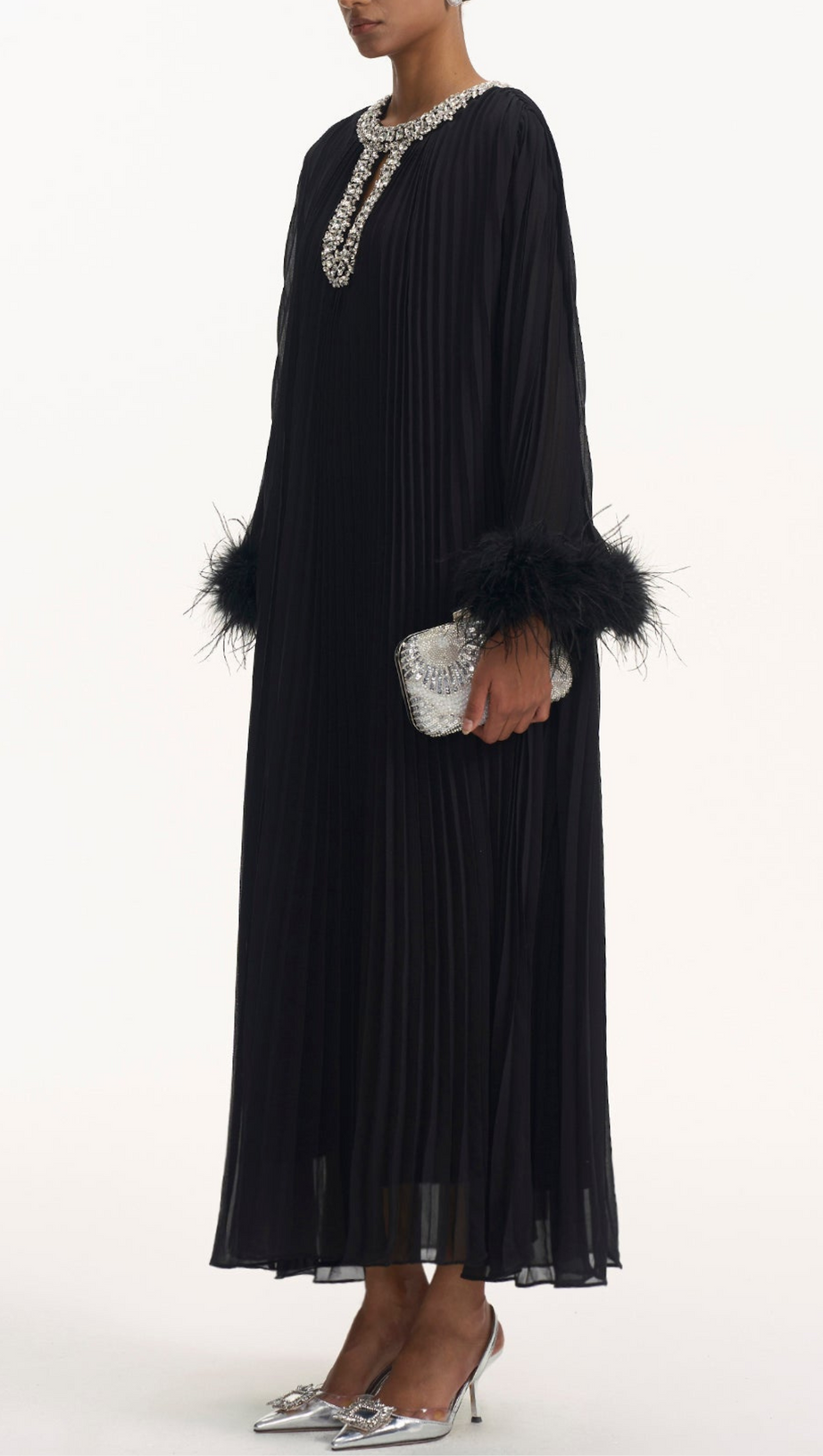 MANJA DIAMANTE CHIFFON FEATHER MAXI DRESS - BLACK